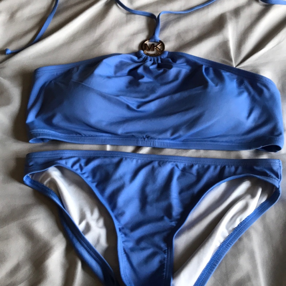 Blue bathing suit with gold MK
